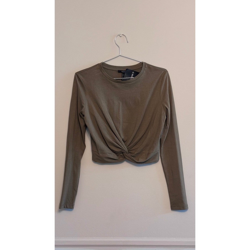Forever 21 Cropped Twist Front Top Women's Medium Olive Long Sleeve Minimalist